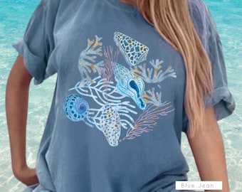 Comfort Colors SEASHELLS IN BLUE ~ Comfort Colors Shirt, Seashell Tee Shirt, Beach T-shirt, beach coverup shirt, boho tee, Gift, oversized