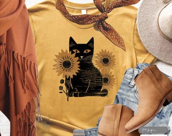 Cat in Sunflowers T-Shirt: Botanical Wildflower Tee, gift, cotton S-4XL