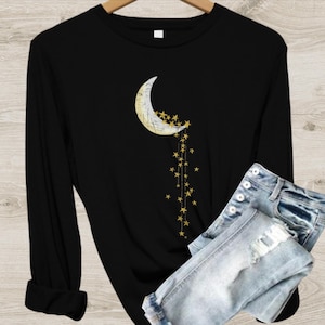 Crescent Moon and Stars Long Sleeve Shirt: Boho Moon Phase Tee, Moon Star Night Fall Winter Sweater Gift S-4XL Design