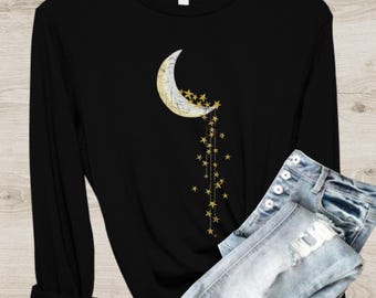Crescent Moon and Stars Long Sleeve Shirt: Boho Moon Phase Tee, Moon Star Night Fall Winter Sweater Gift S-4XL Design