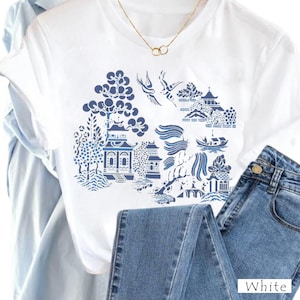 China Blue Graphic Tee: Asian Art Women's Fashion T-Shirt image 2