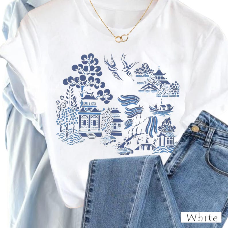 China Blue Graphic Tee: Asian Art Women's Fashion T-Shirt image 2