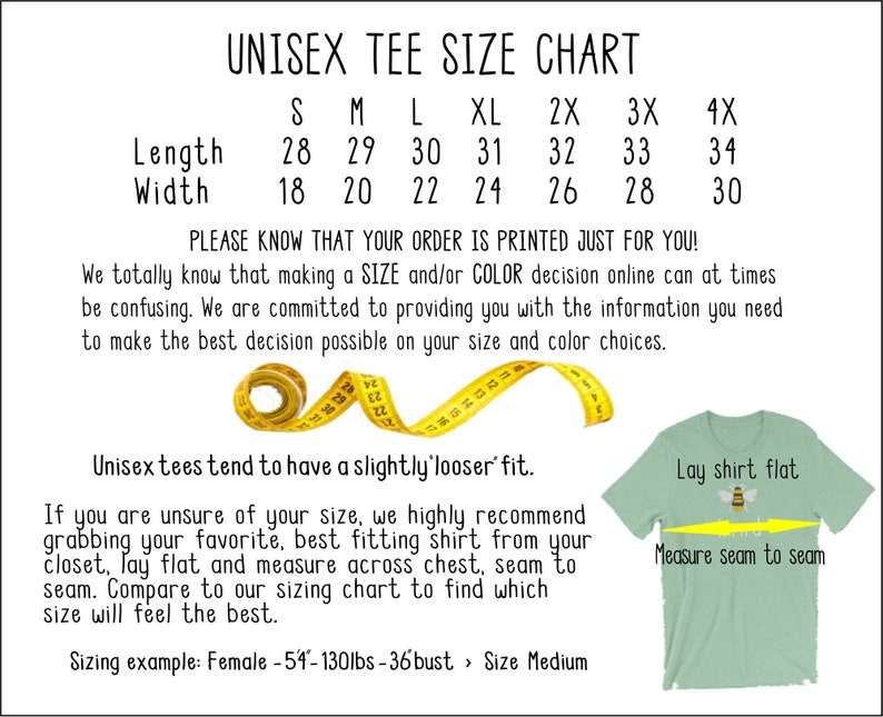 Puede incluir: Tabla de tallas para camiseta unisex con medidas en pulgadas para la longitud y el ancho. La tabla muestra tallas desde la S hasta la 4X. La tabla tambi&eacute;n incluye instrucciones sobre c&oacute;mo medir una camiseta para un ajuste adecuado.  "Las camisetas unisex tienden a tener un ajuste ligeramente m&aacute;s holgado."