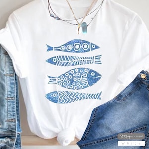 4 Fish ~ Graphic fish, Nature shirt, vacation tee, fish print,Summer Tee, beach, vacation, Beach Lover Gift, Boho, mod design, ethnic, cute