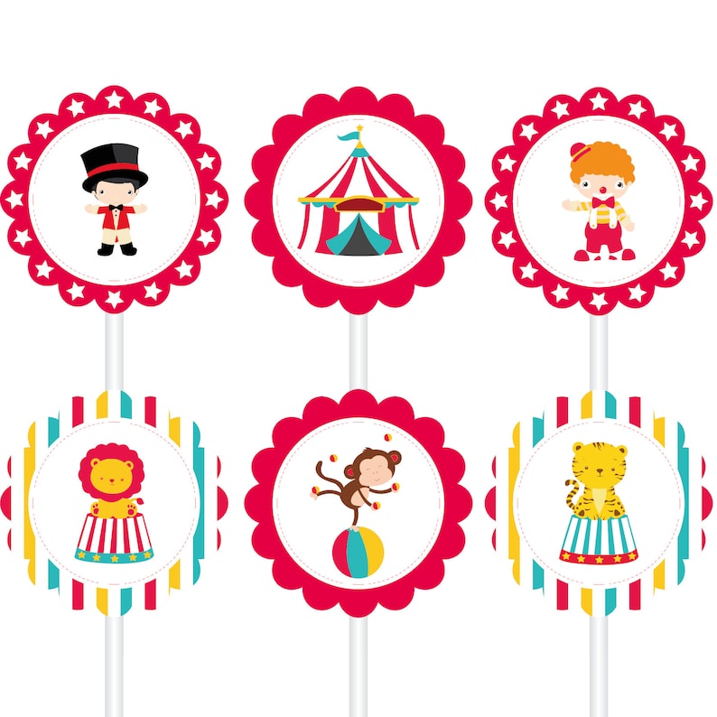 6 Circus Paper Toppers Circus Cupcake Toppers Carnival Toppers | Etsy