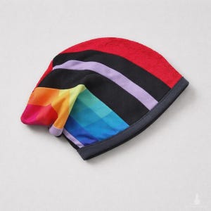 Könnte beinhalten: Ein bunter Beanie-Hut mit Regenbogen-Design. Der Hut hat eine rote Oberseite, schwarze Streifen und ein Regenbogen-Farbverlaufsmuster. Der Rand ist dunkelgrau.