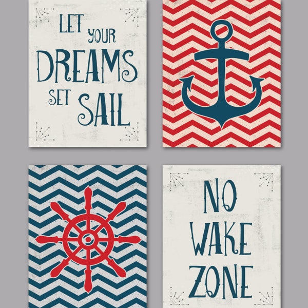 Set of 4 Nautical Chevron Vintage Printables / Anchor / Wheel / No Wake Zone / Let Your Dreams Set Sail - 8x10 INSTANT DOWNLOAD