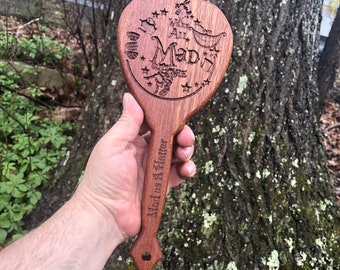 Wood Spanking Paddle  Hand Mirror "Mad As a Hatter"