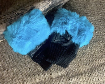 LADIES MEDIUM- Beautiful Faux Fur and leather fingerless gloves- Black & Blue