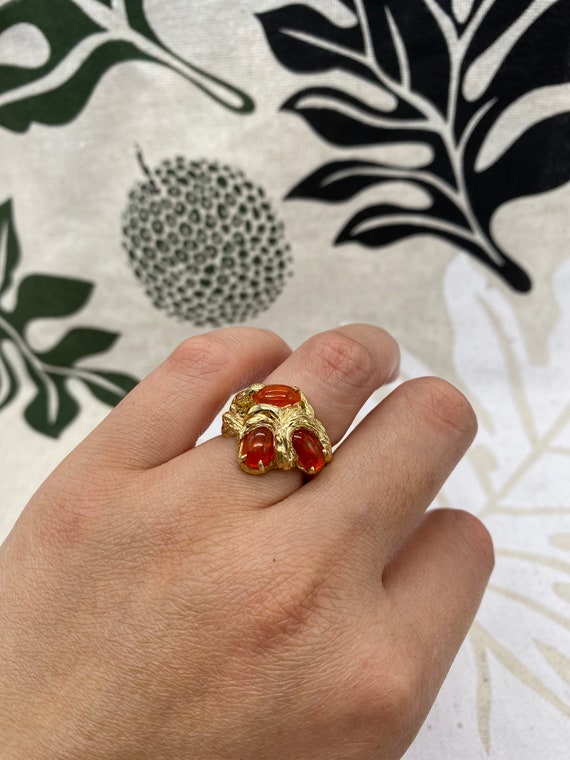 14K Gold Wood Grain Style Ring with Mexican Fire … - image 7