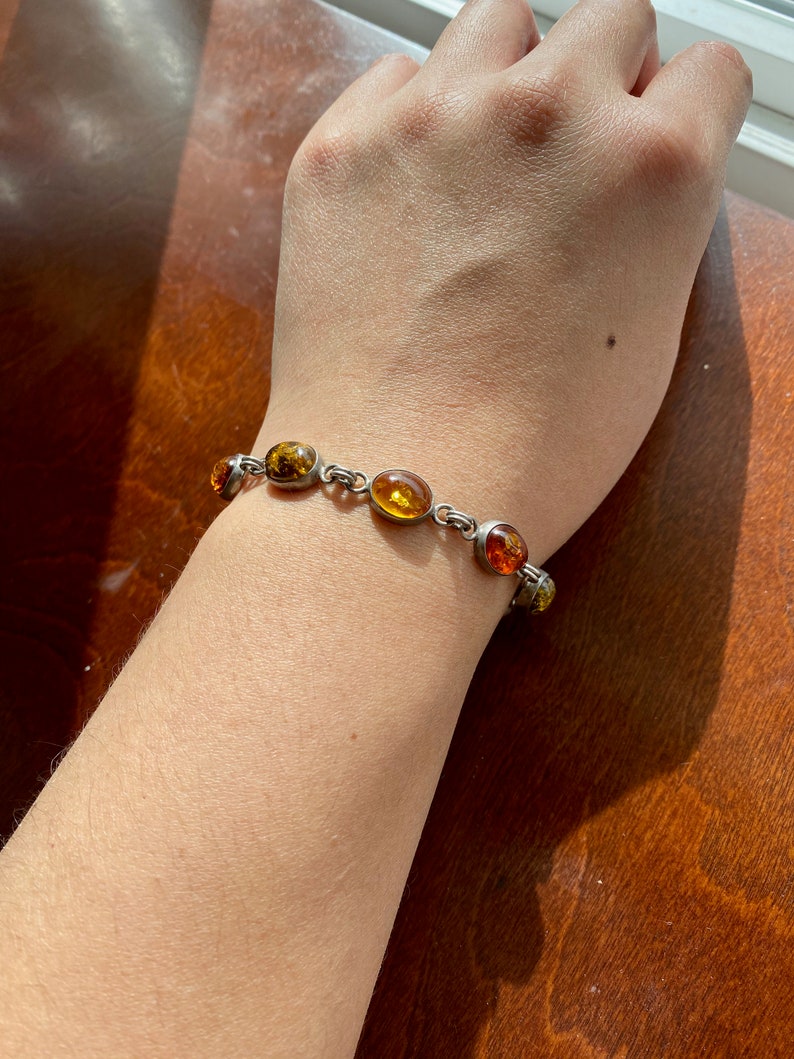 Vintage Sterling Silver Amber Bracelet image 2