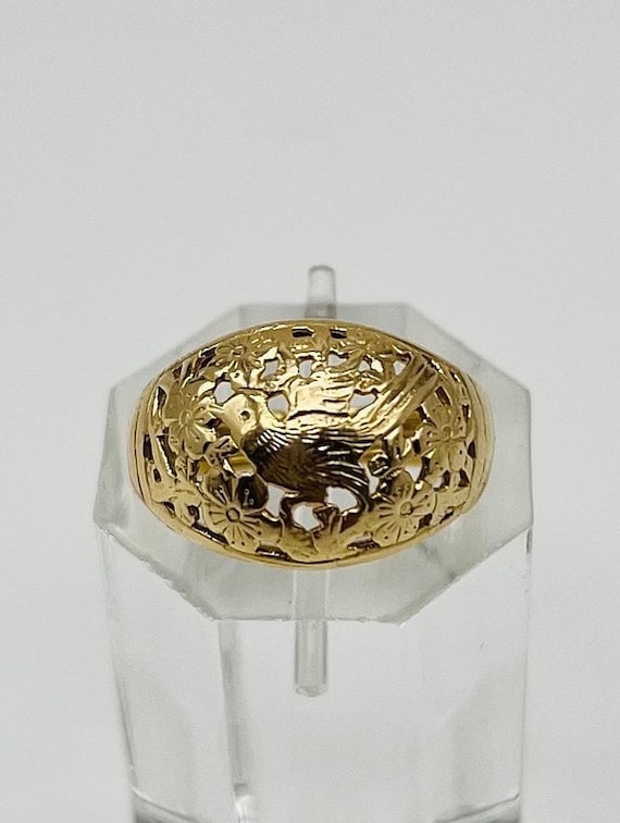 14k Gold Vintage Mings Bird on a Plum Tree Ring