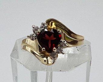 14k Gold Garnet Heart Ring with Diamonds