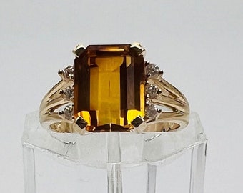 14k Gold Emerald Cut Yellow Citrine Ring with Accent Diamonds