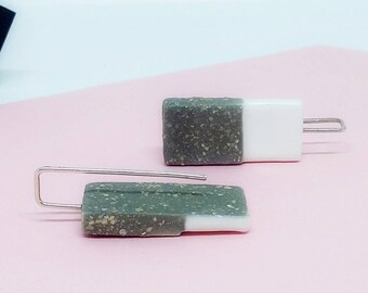 Ceramic rectangular earrings, Rectangular dangle earrings, Geometric dangle earrings, Rectangle dangle silver earrings, Ceramic earrings