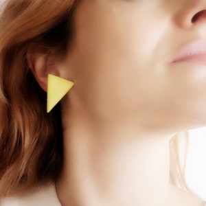 Big Yellow Triangle Earrings, Big Yellow Stud Earrings, Yellow Ceramic Studs, Yellow Ceramic Earring, Oversized Yellow Earrings, Yellow Post image 1