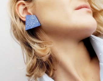 Polygon Stud Earrings, Blue Geometric Stud Earrings, Blue Speckled Ceramic Stud Earrings, Modern Blue Earrings, Blue Square Stud Earrings