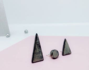 Precious metal shade earrings, steel color ceramic earrings, triangle stud earrings set, geometric ceramic earrings set, mix trio stud set