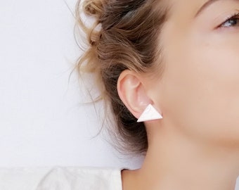 Pink Triangle Stud Earrings, Pastel Pink Ceramic Earrings, Triangle Ceramic Earrings, Glossy Pink Earrings, Pink Earrings With Silver Posts