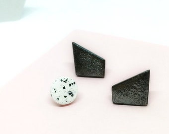 Modern black earrings, Modern black minimalist geometric studs, Black geometric statement earrings, Geometric earring set of 3, ceramic stud