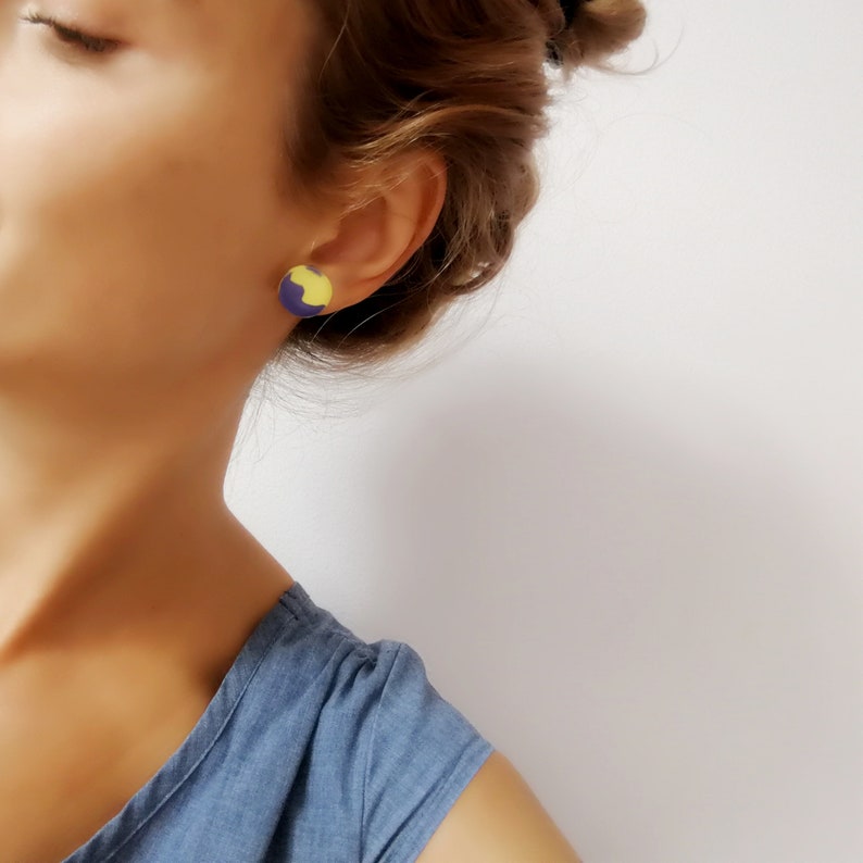 Blue Yellow stud earrings, Blue Yellow disc studs, Mismatched stud earrings, Mismatched round studs, Colourful summer earrings, Flat studs image 7