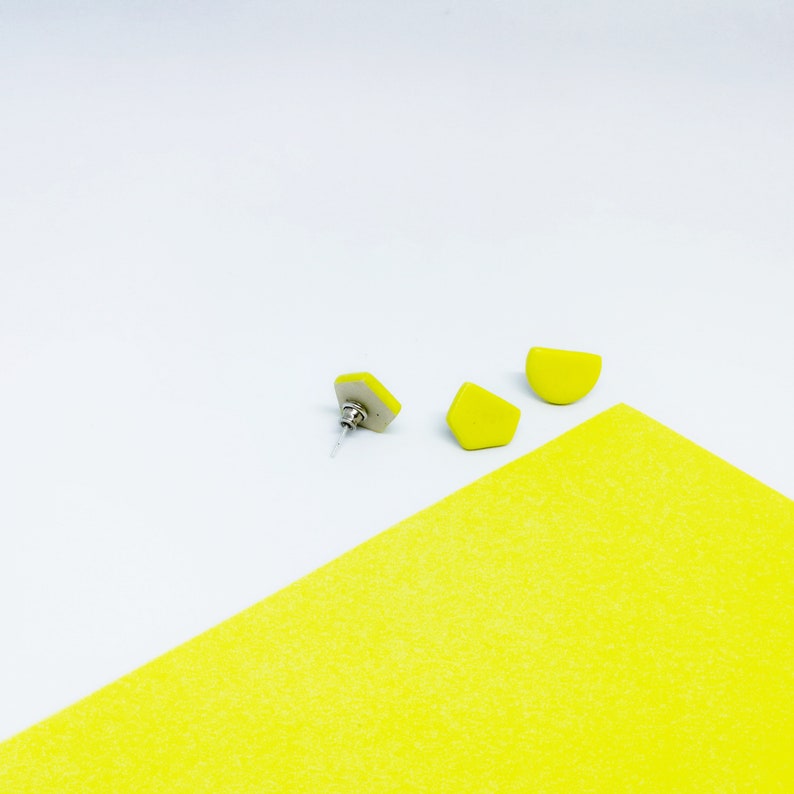 Modern yellow earrings, Modern yellow minimalist studs, Yellow geometric statement earrings, Geometric earring set of 3, Yellow clay studs image 4