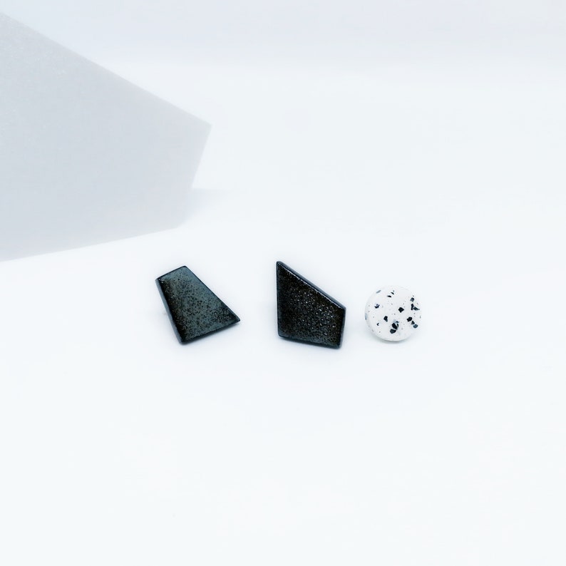 Modern black earrings, Modern black minimalist geometric studs, Black geometric statement earrings, Geometric earring set of 3, ceramic stud image 4