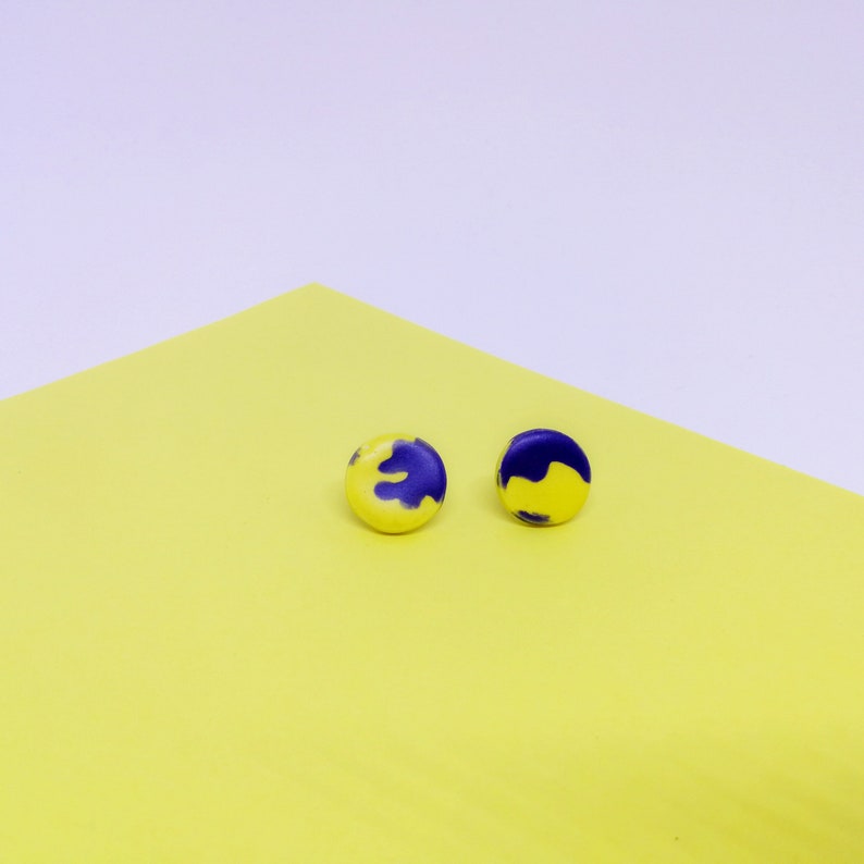 Blue Yellow stud earrings, Blue Yellow disc studs, Mismatched stud earrings, Mismatched round studs, Colourful summer earrings, Flat studs image 1