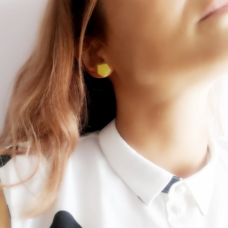 Modern yellow earrings, Modern yellow minimalist studs, Yellow geometric statement earrings, Geometric earring set of 3, Yellow clay studs image 7