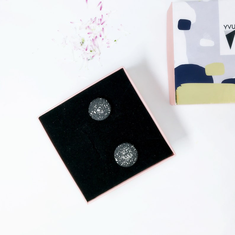 Black circle earrings, minimalist black stud earrings, ceramic black stud earrings, black circle studs, black ceramic studs, shiny earrings image 4