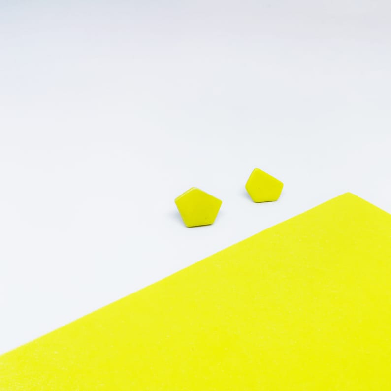 Modern yellow earrings, Modern yellow minimalist studs, Yellow geometric statement earrings, Geometric earring set of 3, Yellow clay studs image 3