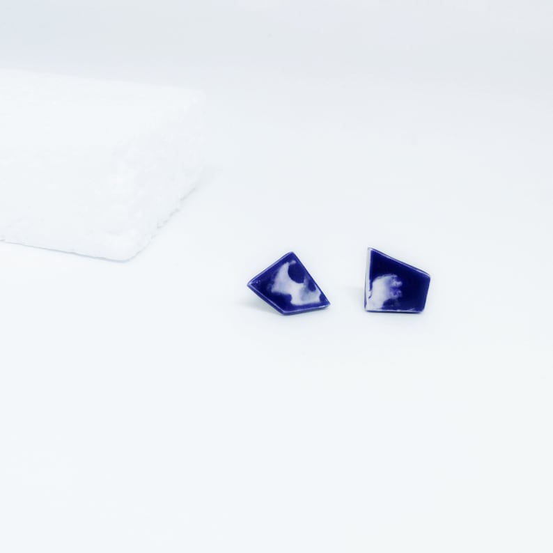 Modern Blue Stud Earrings, Blue Minimalist Geometric Studs, Blue Geometric Statement Earrings, Blue ceramic studs, Blue Square Stud Earrings image 1