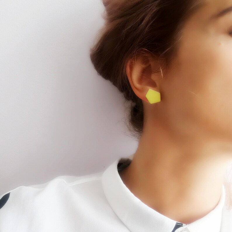 Modern yellow earrings, Modern yellow minimalist studs, Yellow geometric statement earrings, Geometric earring set of 3, Yellow clay studs image 6