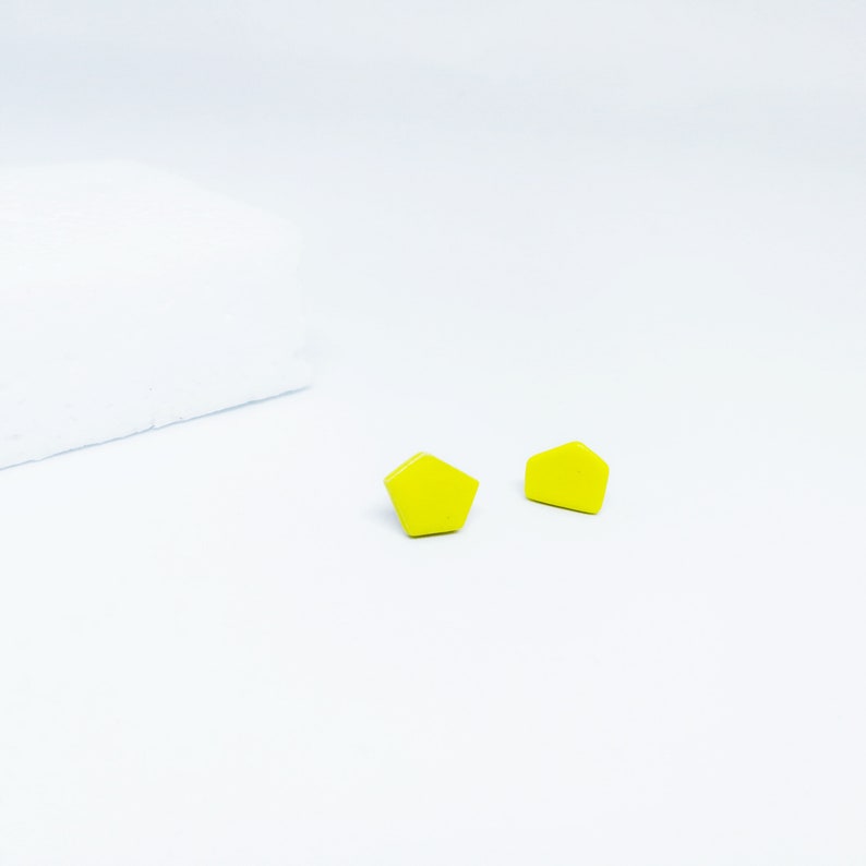 Modern yellow earrings, Modern yellow minimalist studs, Yellow geometric statement earrings, Geometric earring set of 3, Yellow clay studs image 2