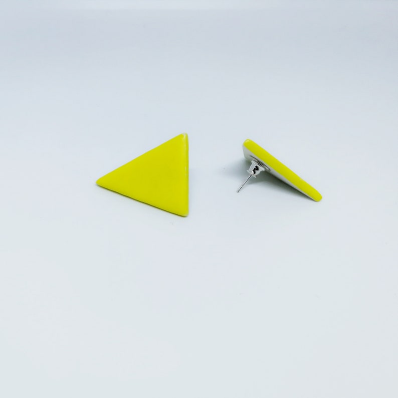 Big Yellow Triangle Earrings, Big Yellow Stud Earrings, Yellow Ceramic Studs, Yellow Ceramic Earring, Oversized Yellow Earrings, Yellow Post image 4