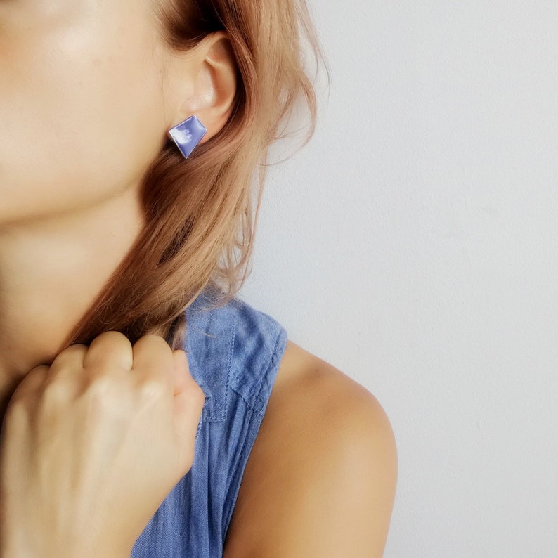 Modern Blue Stud Earrings, Blue Minimalist Geometric Studs, Blue Geometric Statement Earrings, Blue ceramic studs, Blue Square Stud Earrings image 7