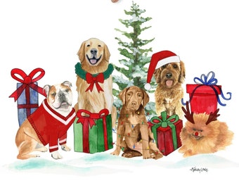 Christmas Winter Watercolor Dogs Art Print Wall art painting by Ashley Lane english bulldog, Pomeranian, labradoodle, lab,