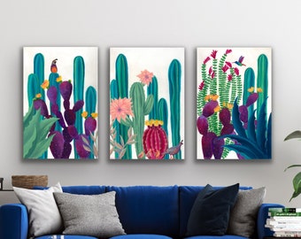 Desert Landscape 3 piece triptych 3 panels resin pour colorful cactus quail and hummingbird blooming botanical original art by Ashley Lane