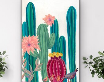 Desert Landscape Original Painting wall art blooming cactus with colorful quail family baby quail birds resin on panel by Ashley Lane