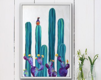 Giclée Fine Art Print of Blooming Prickly Pear Desert Cactus and Quail Painting -  "On Perch" by Ashley Lane Wall Art Print