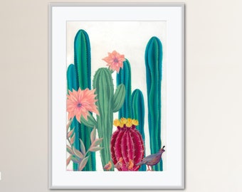 Giclée Fine Art Print of Blooming Prickly Pear Desert Cactus and Quail Painting on Canvas and Paper "Quail Watch" by Ashley Lane Wall Art