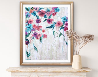 giclee fine art print wall art of original floral abstract acrylic painting named "Delicately Divine" by Ashley Lane blue and pink flowers