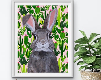 Giclee fine art print of original oil painting of Bunny, Cotton tail rabbit with cacti cactus pattern background "Sweetie" by Ashley Lane