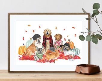 Fall Dog Wall Art Cute Festive Autumn Decor Watercolor painting