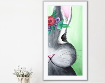 Art print of Cute Bunny Art Print Painting for girls room, Easter, half face cute vertical bunny rabbit portrait wall art by Ashley Lane