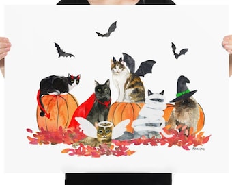 Watercolor painting of Halloween Cats in costumes, Wall Art print holiday fall