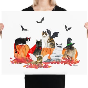 Watercolor painting of Halloween Cats in costumes, Wall Art print holiday fall image 1