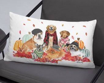 Cute Fall Festive Dog Watercolor Painting Throw Pillow Autumn Decor