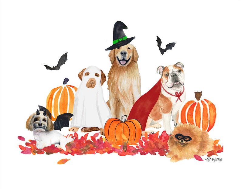 Halloween Dog Tea Towel Watercolor dogs in halloween costumes fall decor and gift image 5