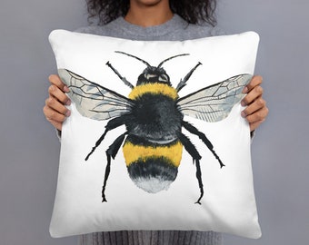 Bumble Bee Decorative Throw Pillow cute hand painted bee lover design by Ashley Lane gift idea for living room bed couch